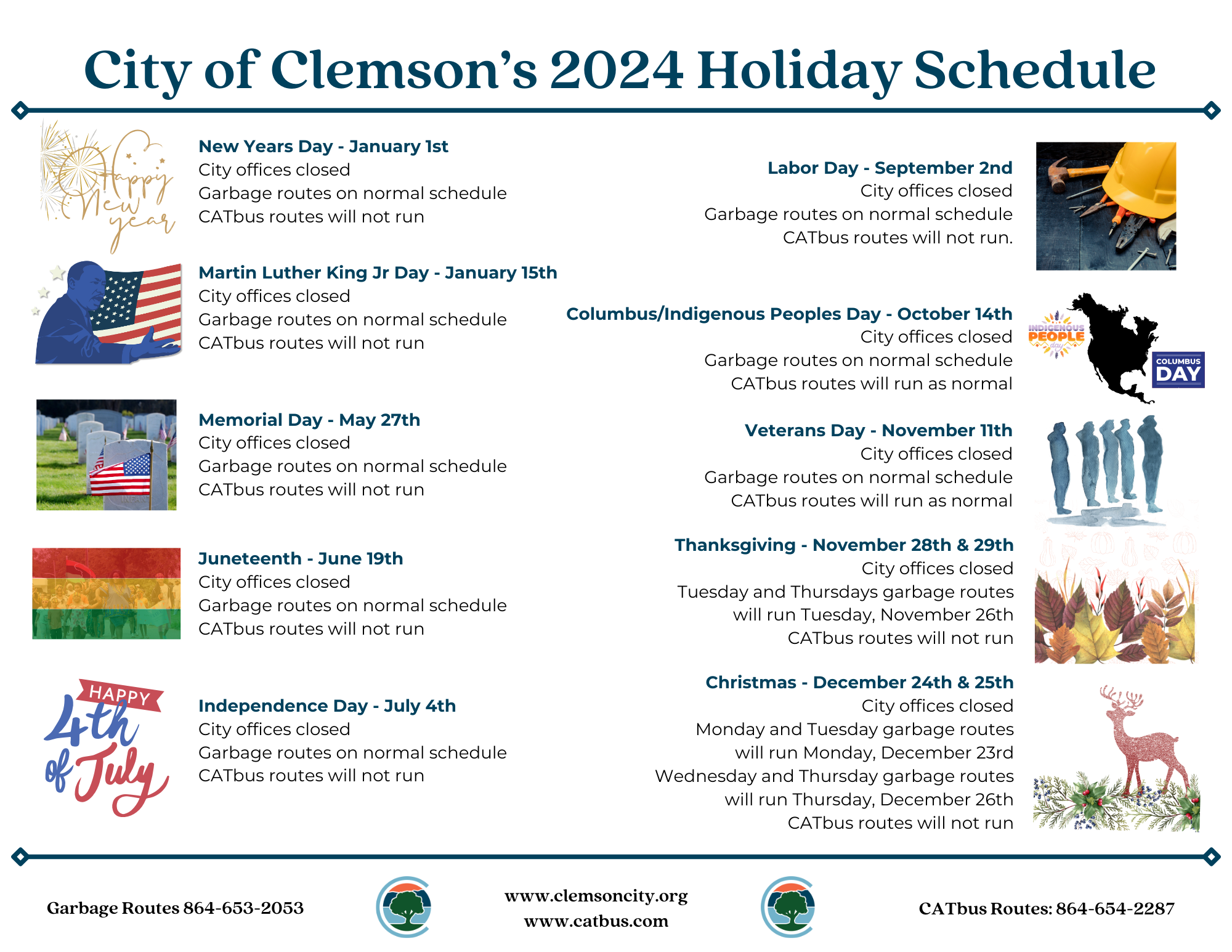 City of Clemson holiday schedule 2024 - click to download